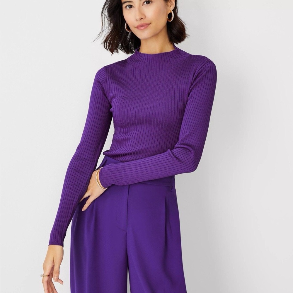 Ann Taylor Silky Ribbed Mock Neck Sweater - Violet Purple S